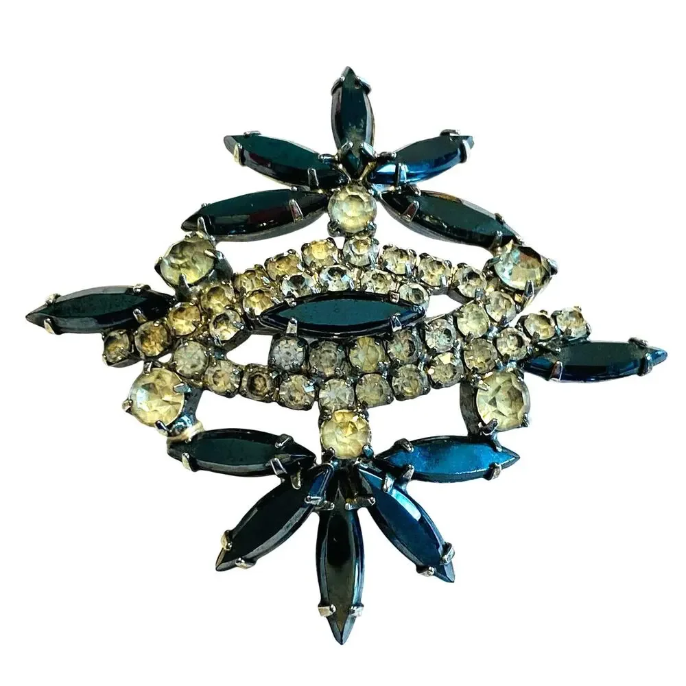 Vintage Mid Century Rhinestone Brooch Gray & Clear White Elegant Statement Pin